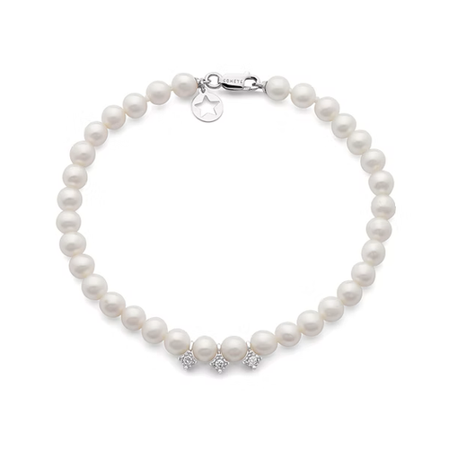 Collana di perle bianche con piccoli dettagli argentati e una chiusura, su sfondo bianco