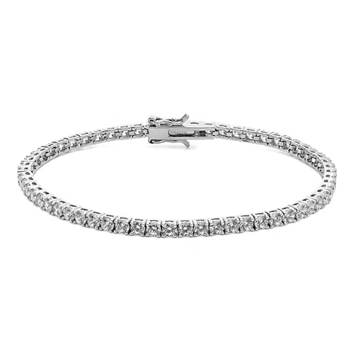 Bracciale tennis in argento con diamanti e chiusura, su sfondo bianco