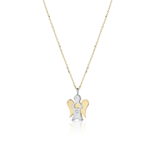 Collana d’oro con un piccolo ciondolo a forma di angelo in argento e oro