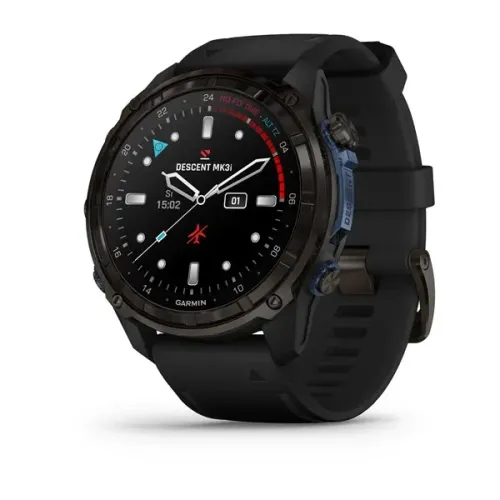 Smartwatch Garmin nera con quadrante rotondo, cinturino nero e display per il monitoraggio dell’attività fisica su sfondo bianco