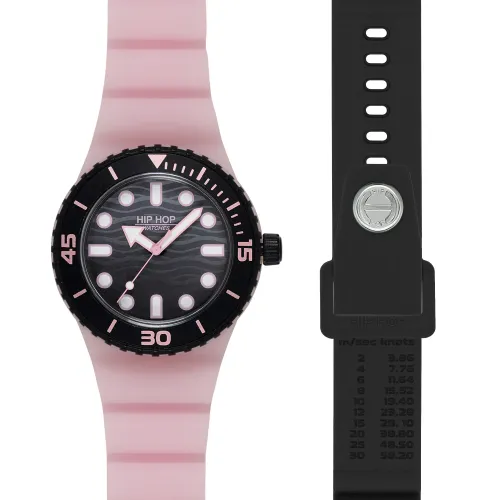 Orologio Hermès rosa con quadrante nero e cinturino coordinato, mostrato sul fronte e sul retro su sfondo bianco
