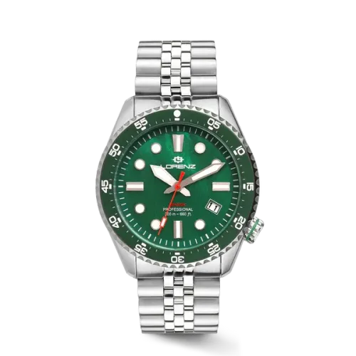 Orologio da polso in acciaio inossidabile con quadrante verde, cinturino argentato e lancetta dei secondi rossa