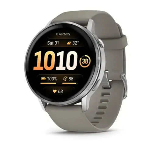 Smartwatch Garmin con cinturino grigio, quadrante digitale nero e ora 10:10 in arancione
