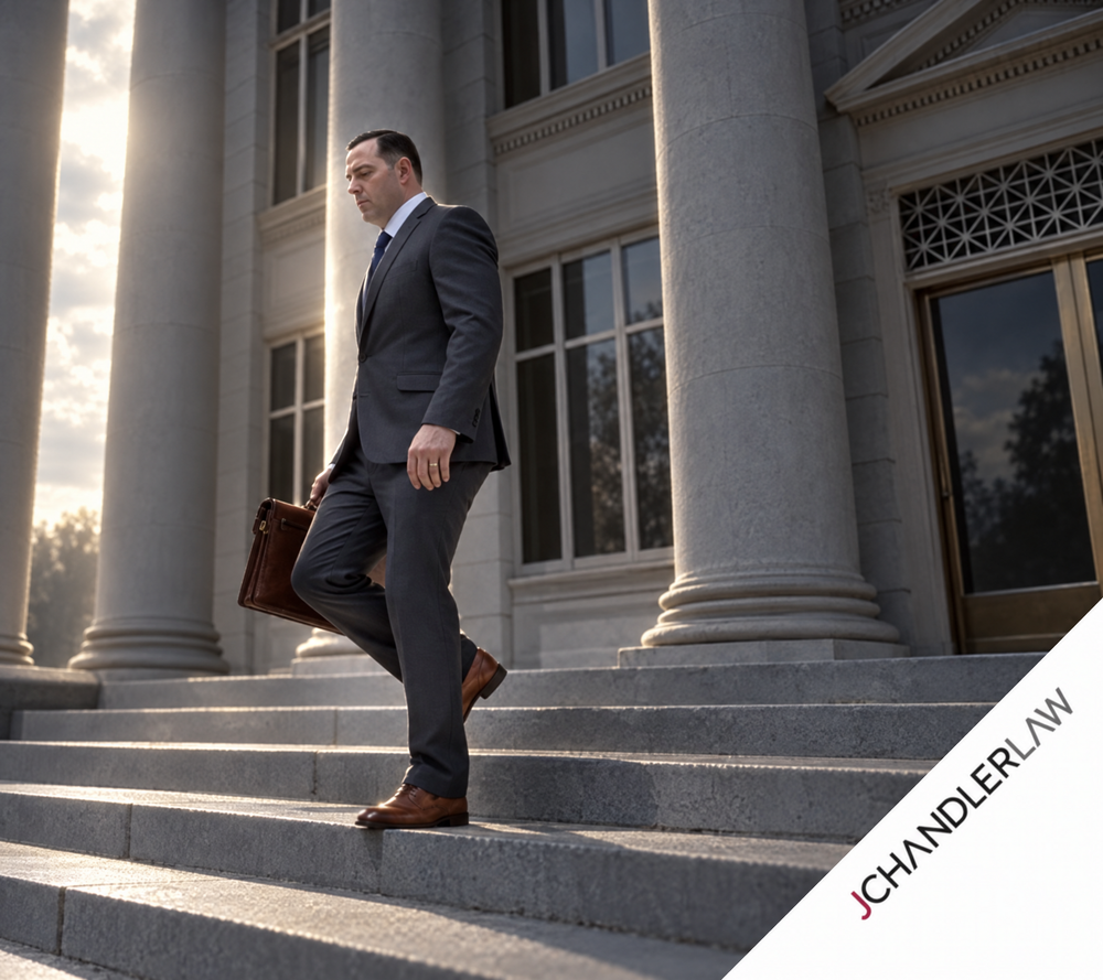 Man in dark suit walking down courthouse steps with a briefcase