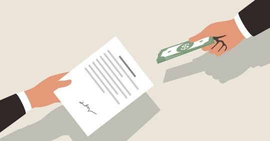 Hands exchange a signed document and cash in an envelope-like transfer, suggesting a payment or contract deal