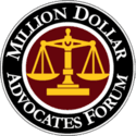 Million Dollar Advocates Forum logo with gold scales of justice on a maroon circle, surrounded by white text