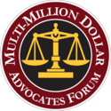 Multi-Million Dollar Advocates Forum logo with gold scales on a black circle and red border