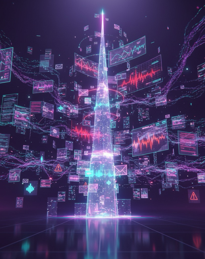 Una torre de datos de neón rodeada de gráficos digitales y líneas fluidas sobre un fondo oscuro y futurista.