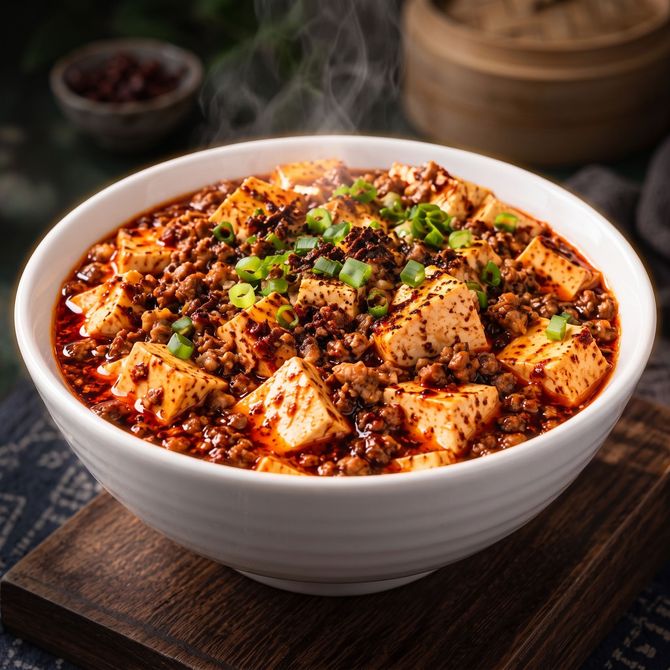 Bowl of spicy tofu curry topped with cilantro and chili flakes on a dark wooden board