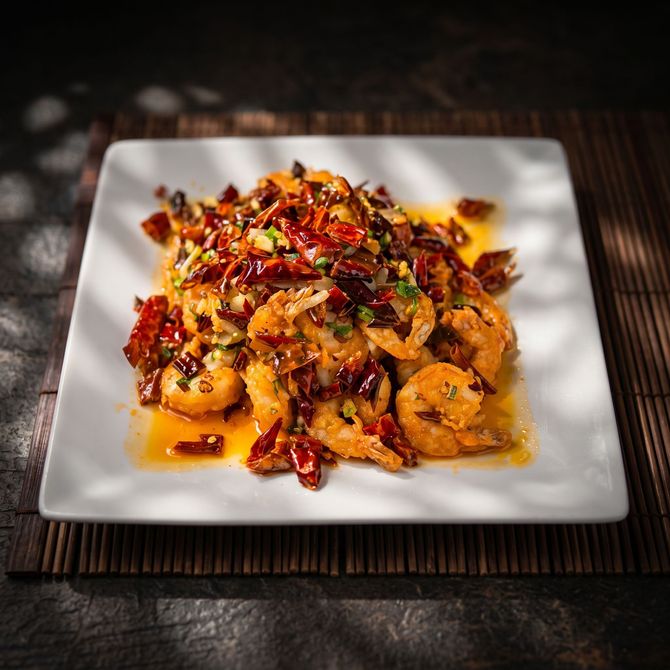Spicy glazed shrimp topped with red chilies on a white square plate