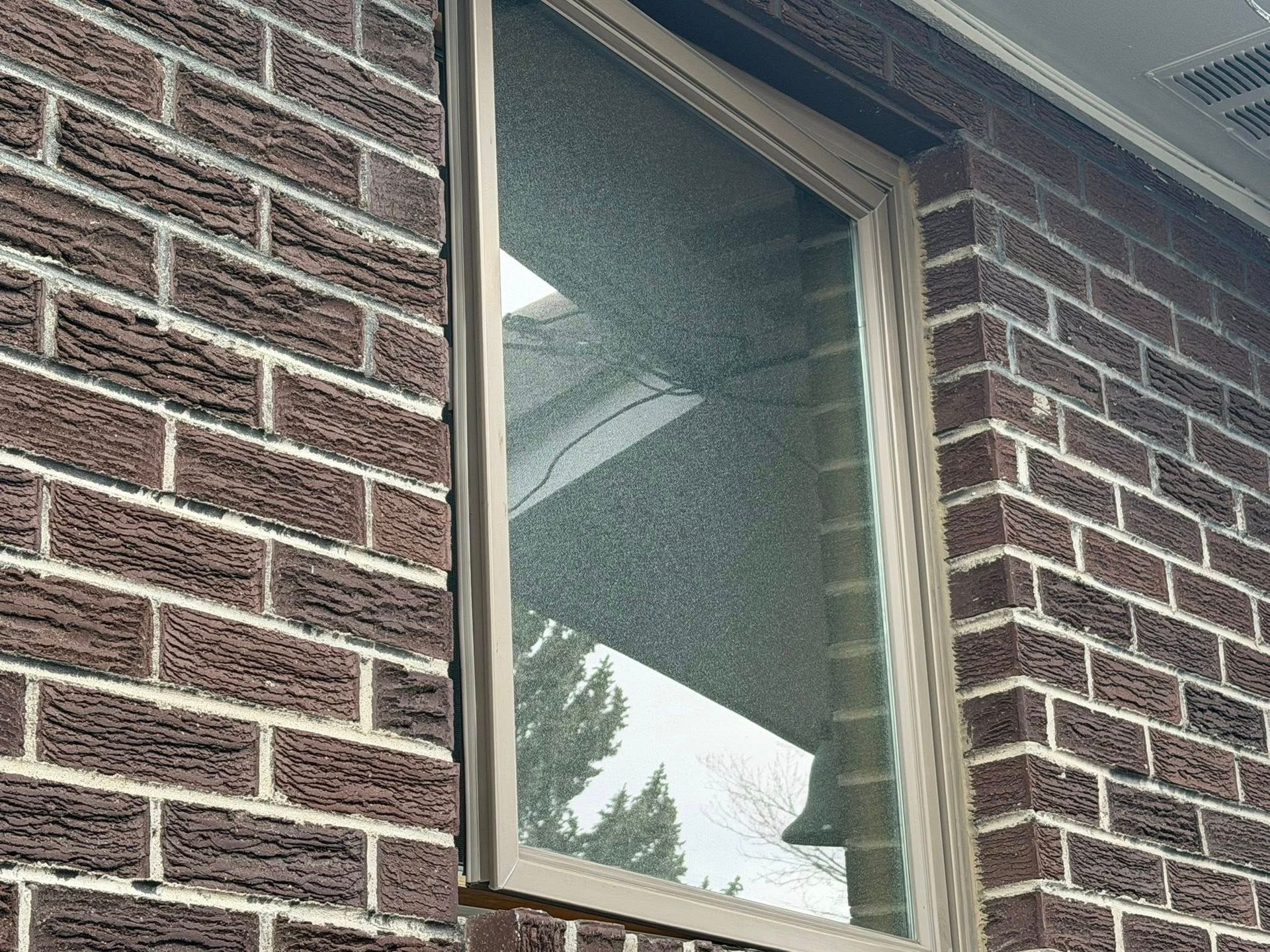 Partially open window in a brick wall with a screen and reflected trees