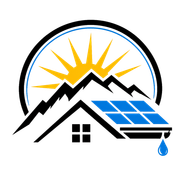 Solar and mountain home logo with sun rays, rooftop panels, and a water drop