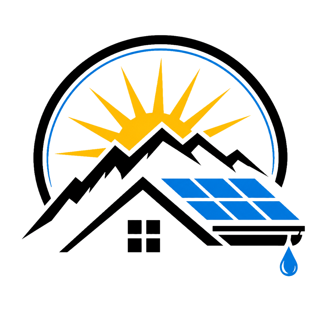 Solar and mountain home logo with sun rays, rooftop panels, and a water drop