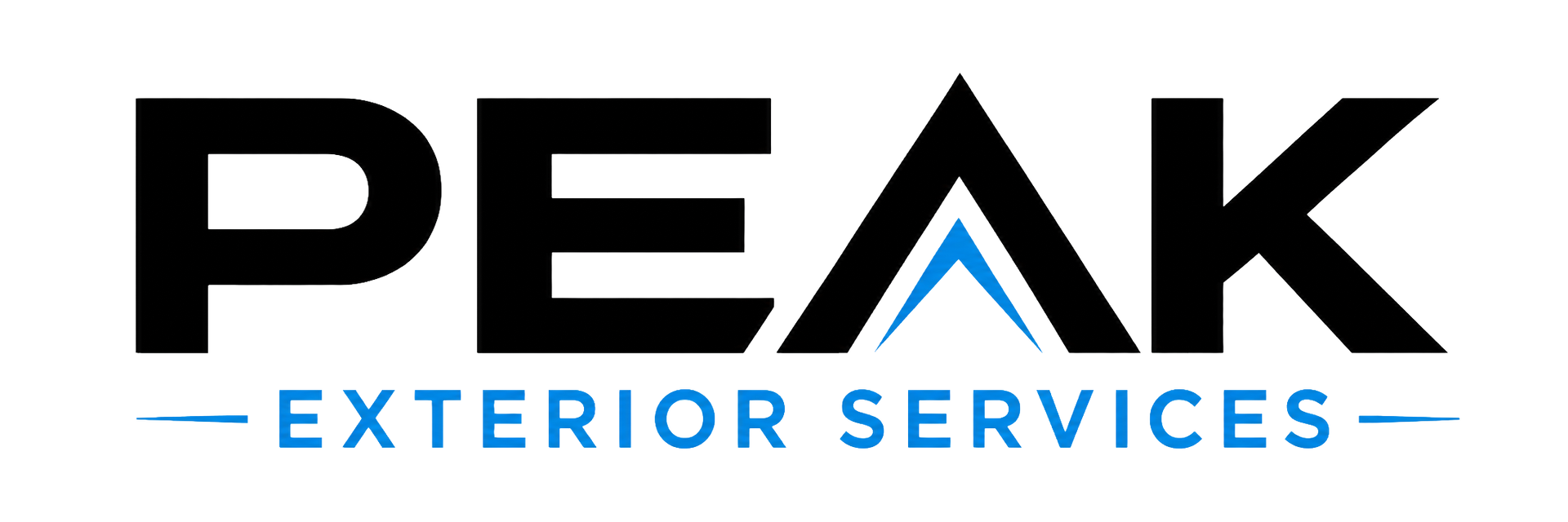 PEAK Exterior Services logo in black and blue with mountain peak icon