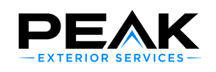 PEAK Exterior Services logo in black and blue with mountain peak icon