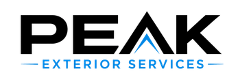 PEAK Exterior Services logo in black and blue with mountain peak icon