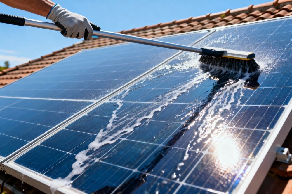 Gloved hand cleaning blue solar panels on a tiled roof with water spraying and sunlight reflecting