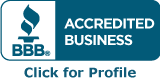 BBB Accredited Business logo, blue and white, with flame symbol and 