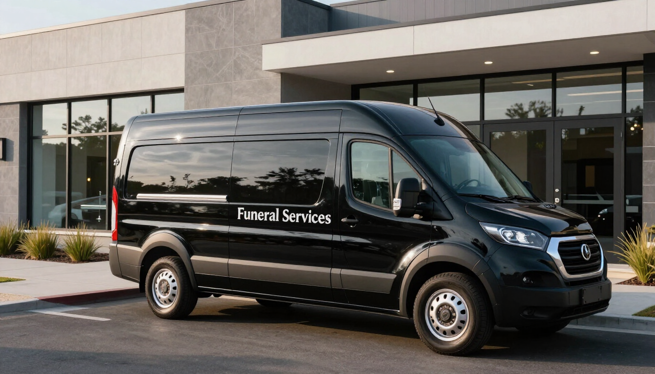 Professional funeral transport vehicle parked outside a modern facility.