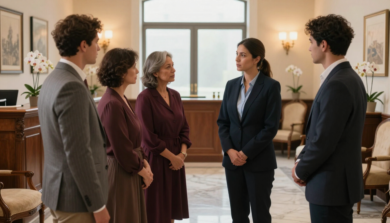 photorealistic compassionate funeral home interior with a professional staff member talking to a family soft focus background