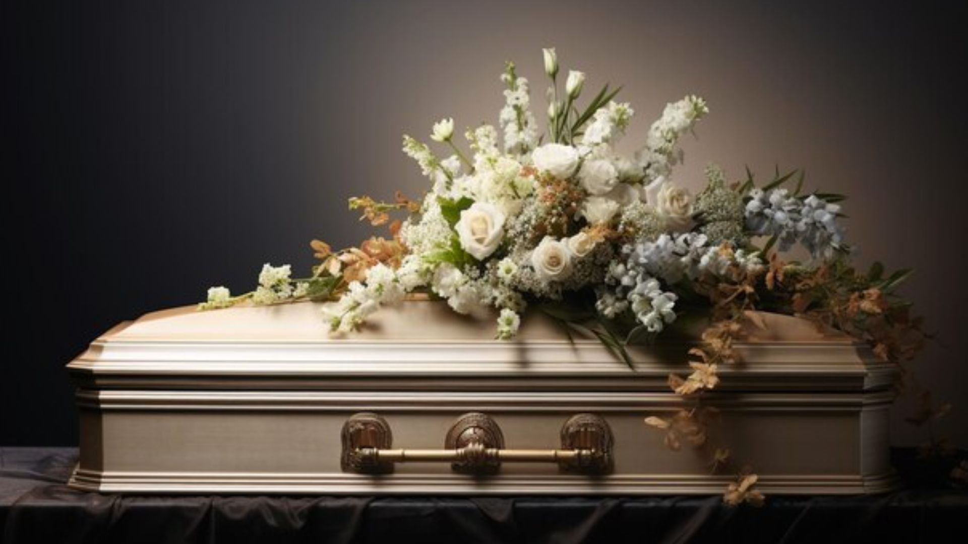 A cream-colored coffin adorned with white flowers and greenery on a dark backdrop.