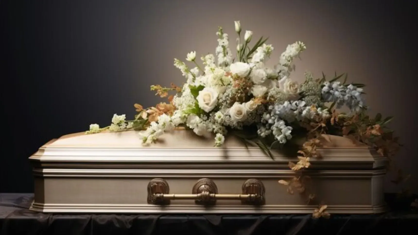 White casket with white flowers on top against a dark background