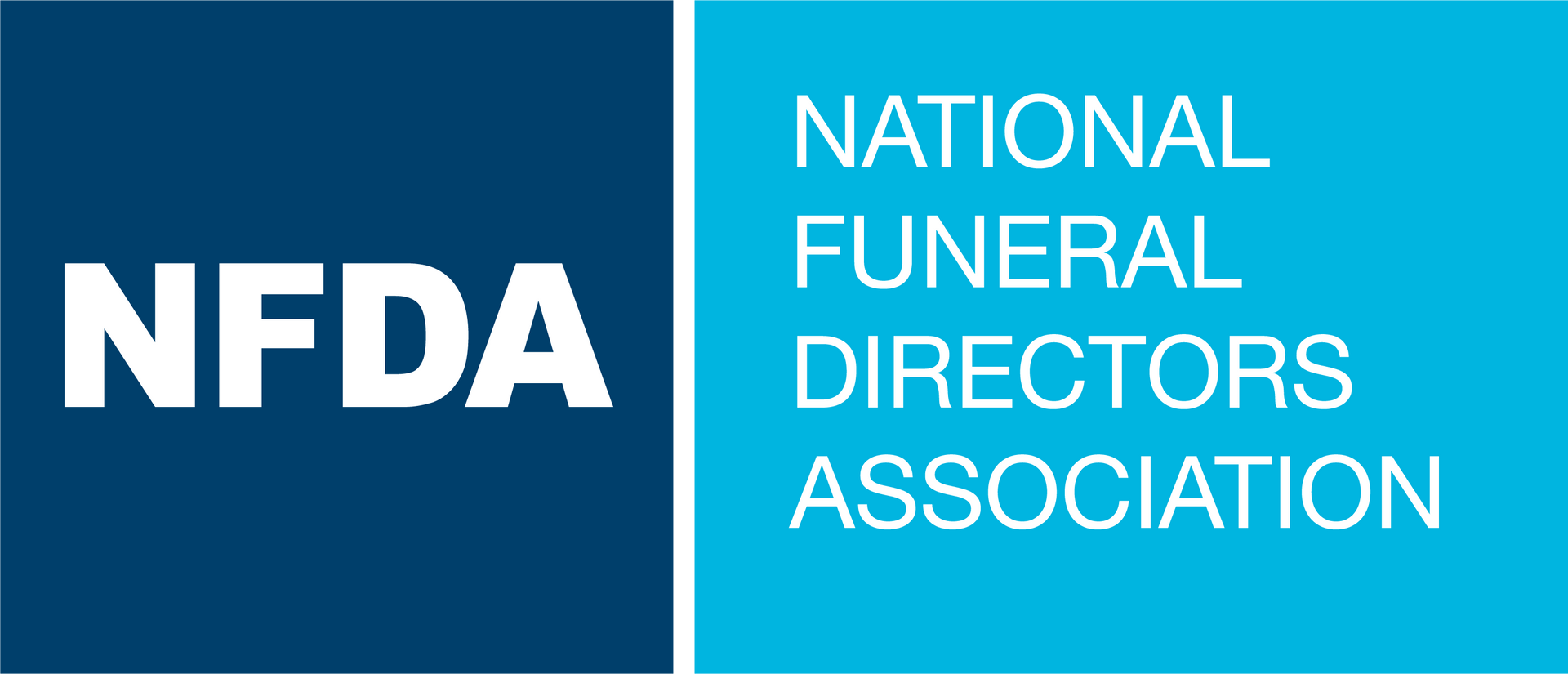 NFDA logo with white letters on dark blue, next to National Funeral Directors Association text on teal background