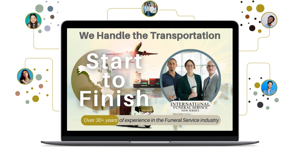 Laptop screen showing a transportation service ad with “We Handle the Transportation” and “Start to Finish.”