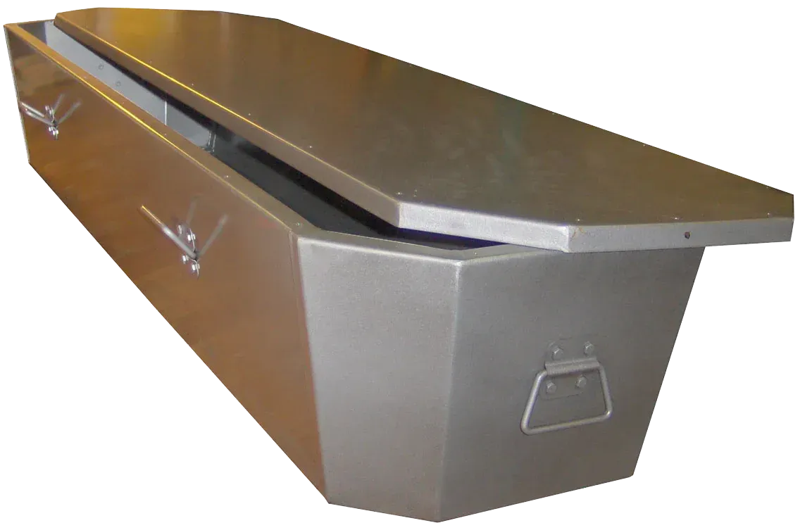 Silver metal coffin with a closed lid and side handles on a white background