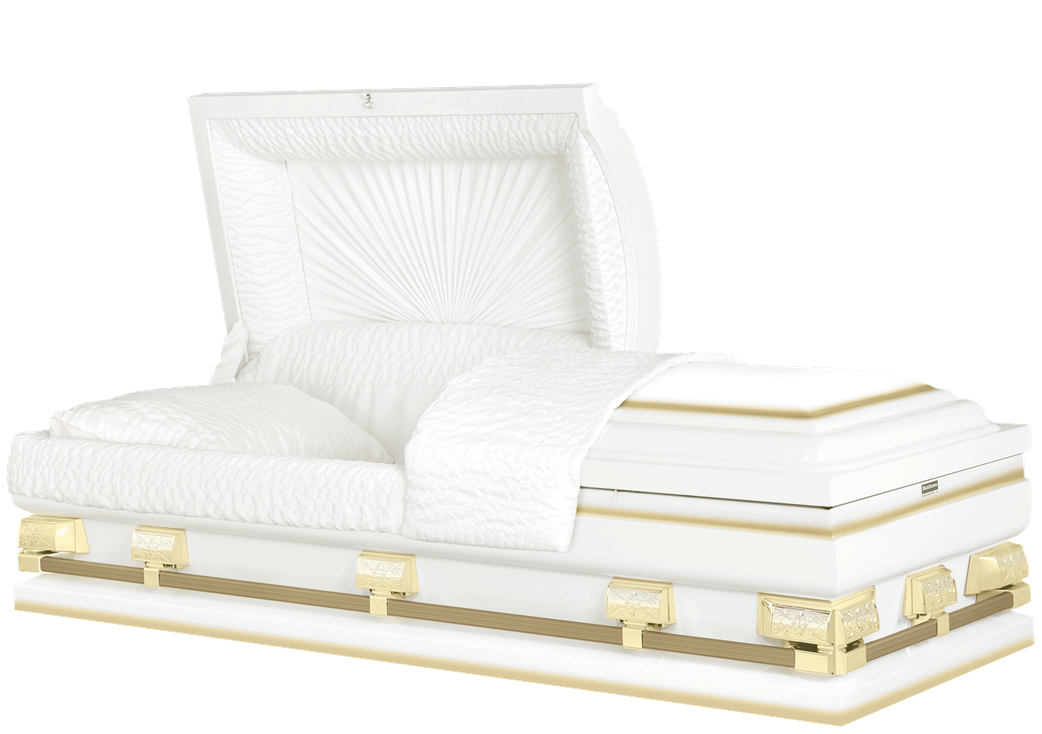 White tufted chaise lounge with gold accents on a white background