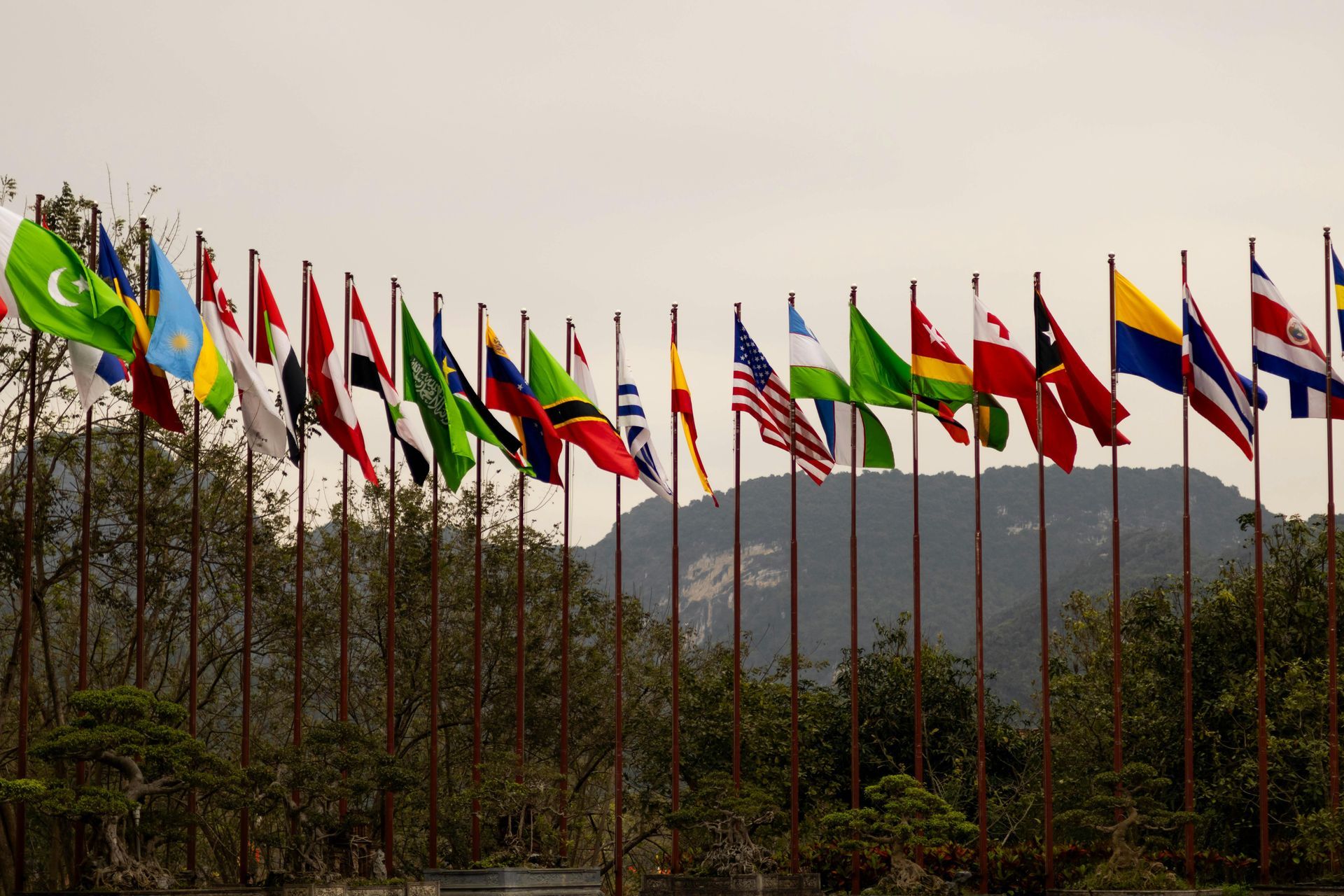 Rows of colorful national flags waving on tall poles against a cloudy sky and distant hills