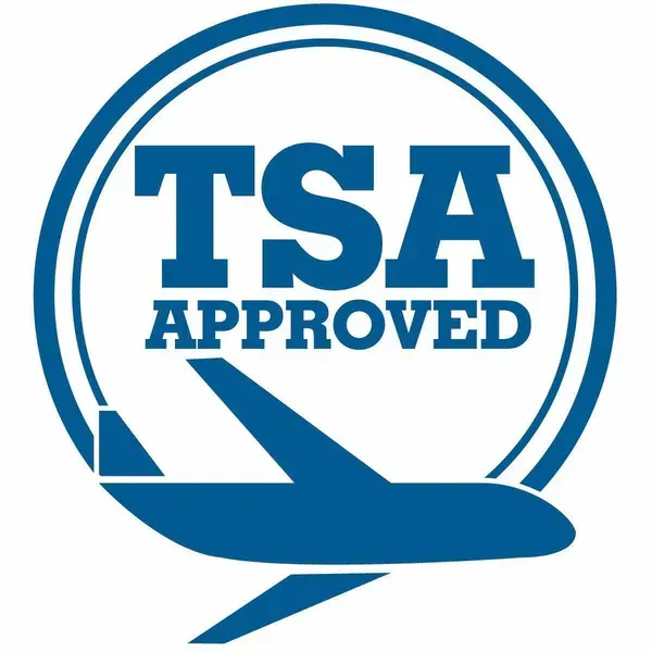 Blue TSA Approved travel logo with airplane icon and circular border