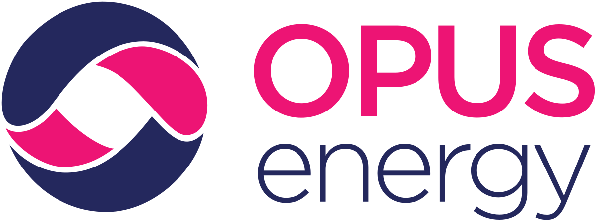 The opus energy logo is pink and blue and says opus energy.