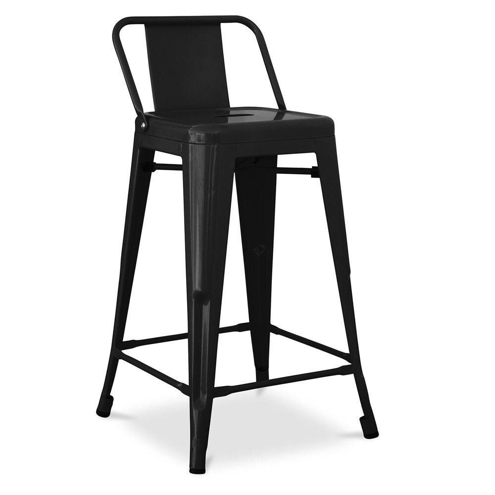 A black bar stool with a back rest on a white background.