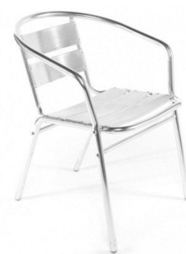 A silver chair with a white seat and arm rests on a white background.