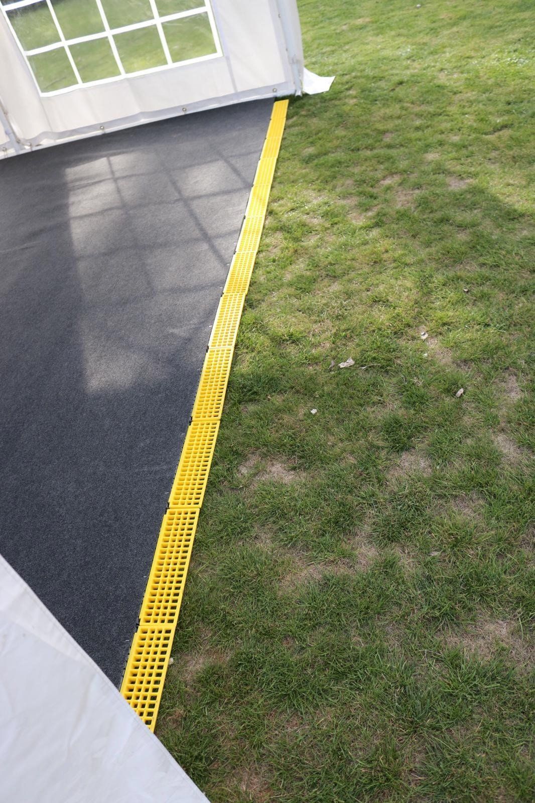 A tent is sitting in the grass next to a yellow line