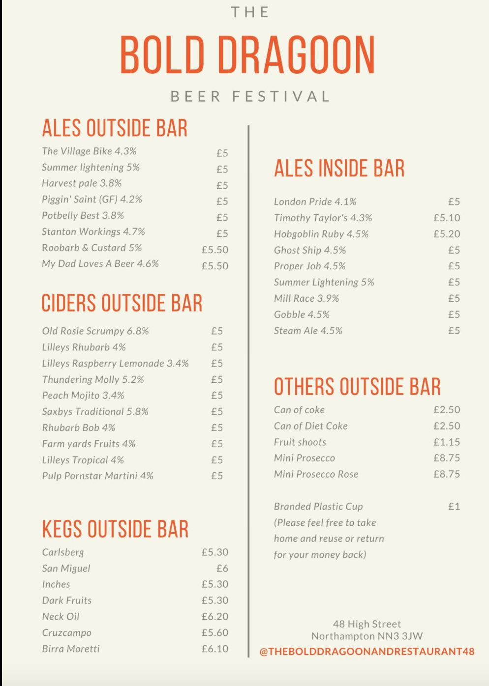 A menu for a restaurant called the bold dragoon beer festival