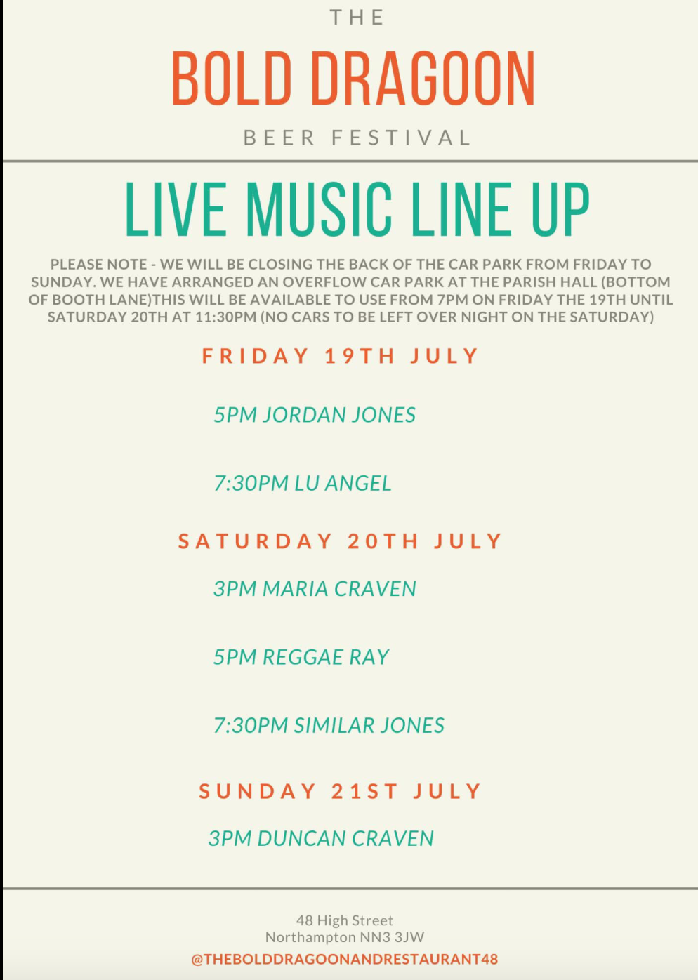 A poster for a live music line up for the bold dragoon beer festival