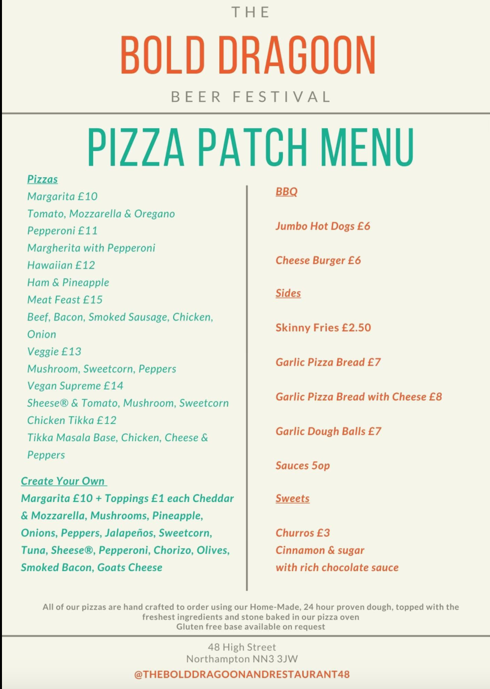 A menu for the bold dragon beer festival pizza patch menu.