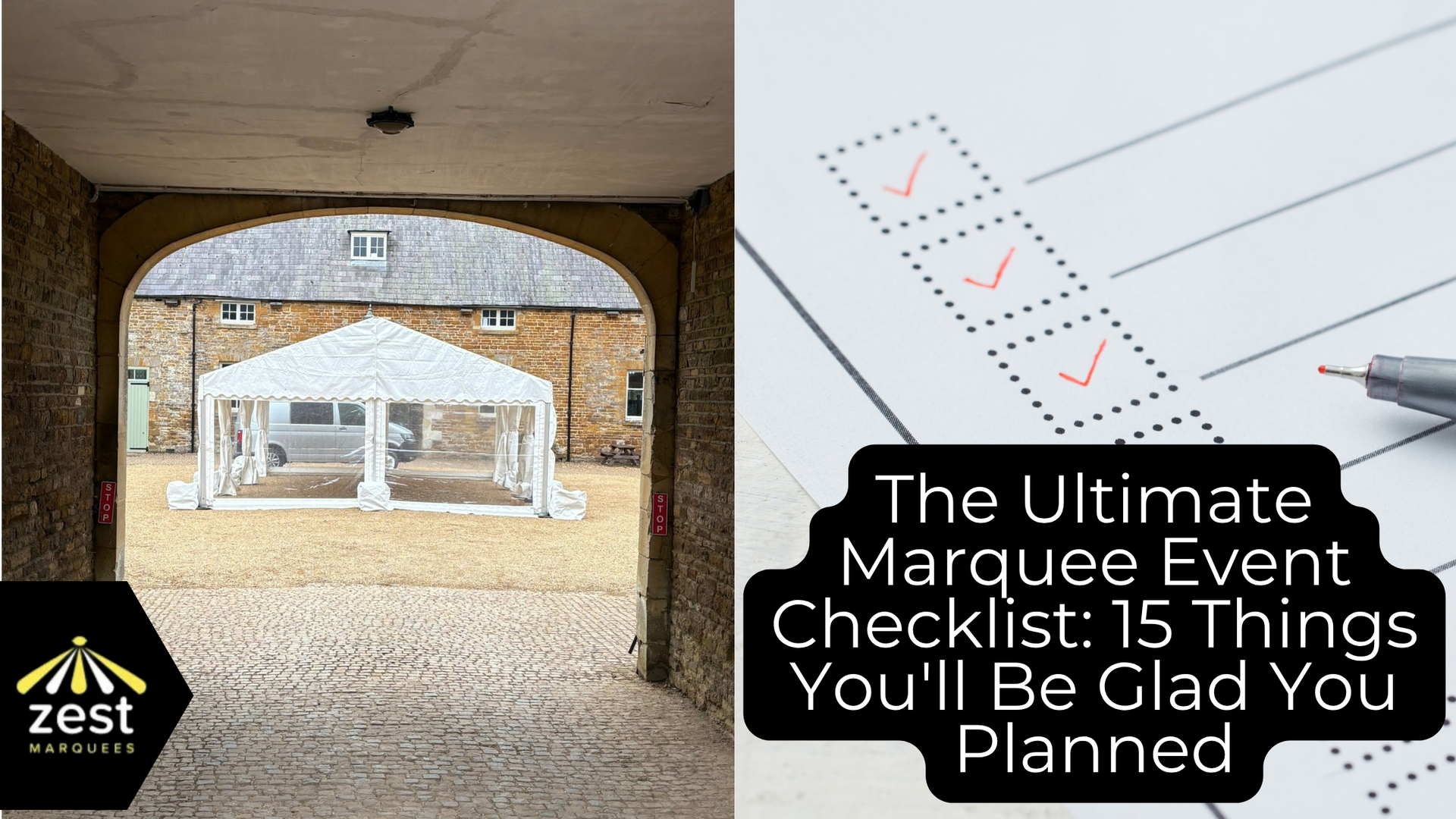 Marquee event checklist graphic showing an archway entrance and a checklist on paper with a check mark