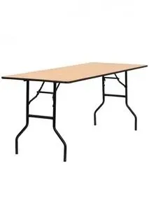 A folding table with a wooden top and black legs on a white background.