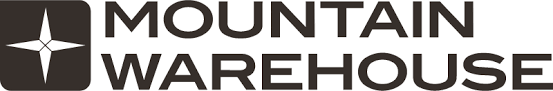 The mountain warehouse logo is black and white and has a cross on it.