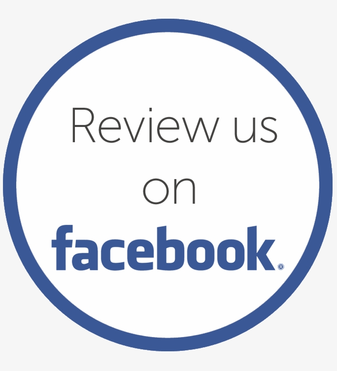 Review us on Facebook A blue circle with the words review us on facebook written inside of it.