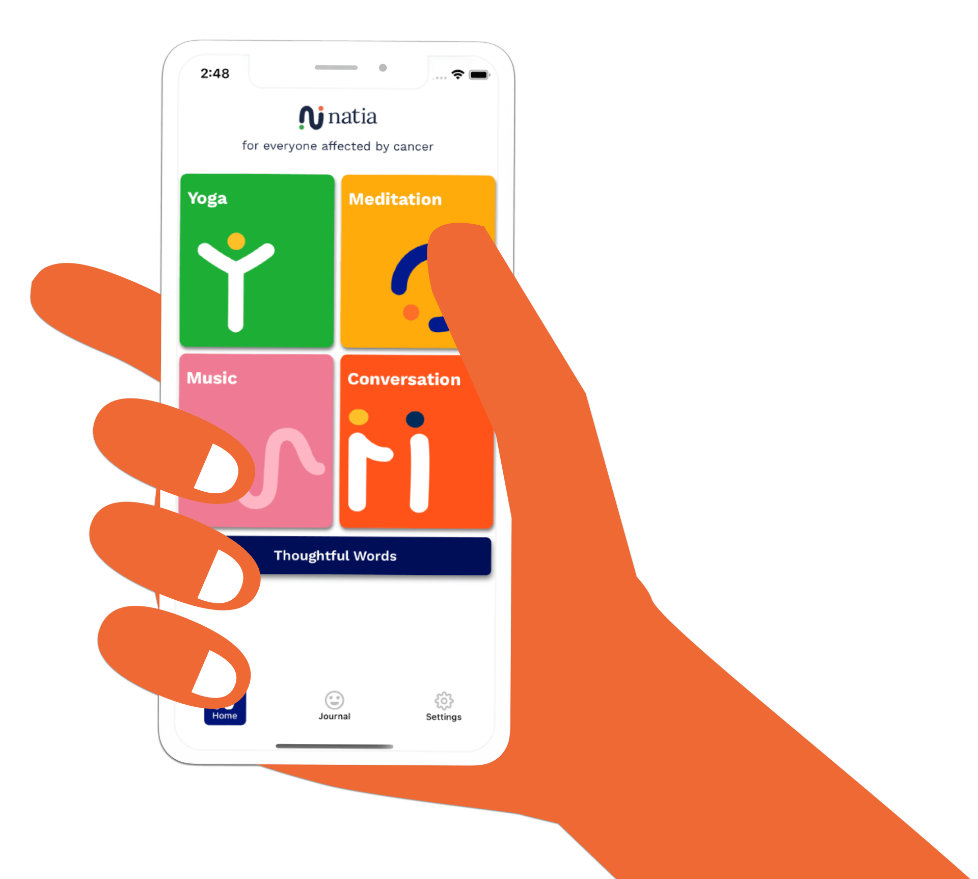 Natia Mobile App layout with hand