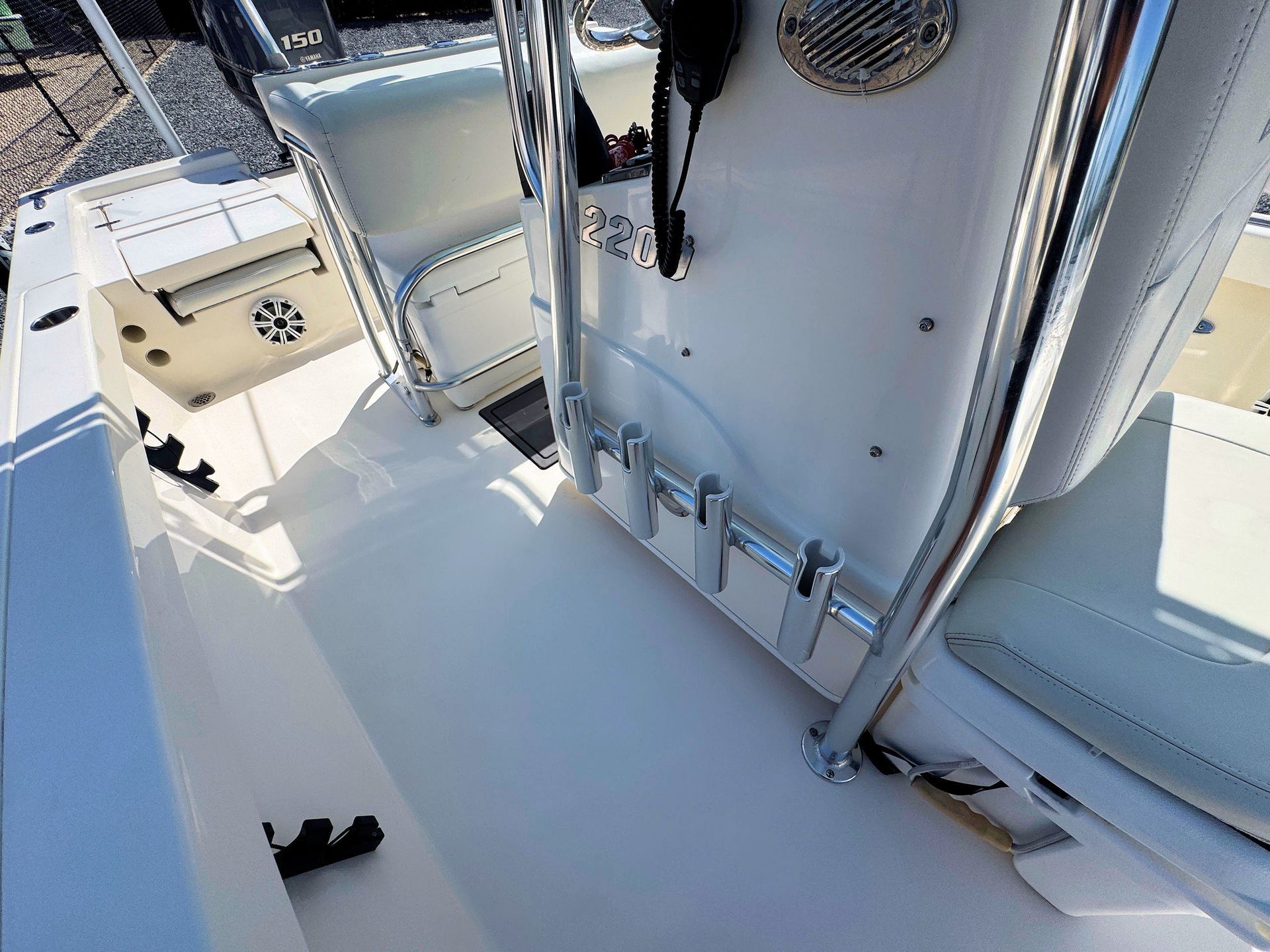 Center-console and deck looking aft towards the stern.