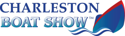 Charleston Boat Show logo with boat graphic in blue and red over water waves.