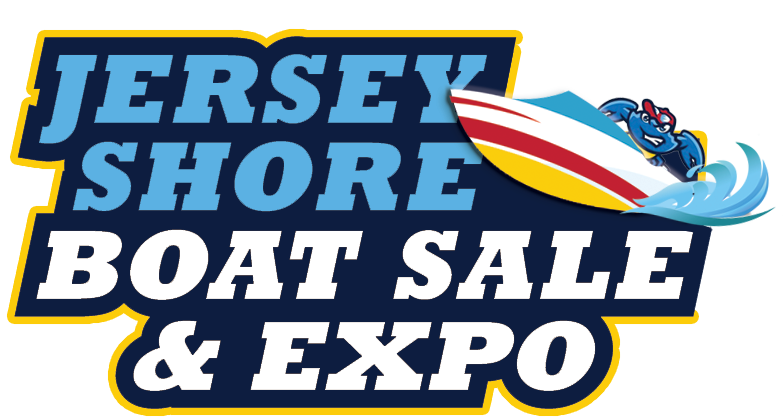 Jersey Shore Boat Sale & Expo logo: blue text on gold outline with boat graphic.