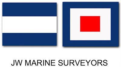 JW Marine Surveyors A blue and white flag with a red square in the middle.