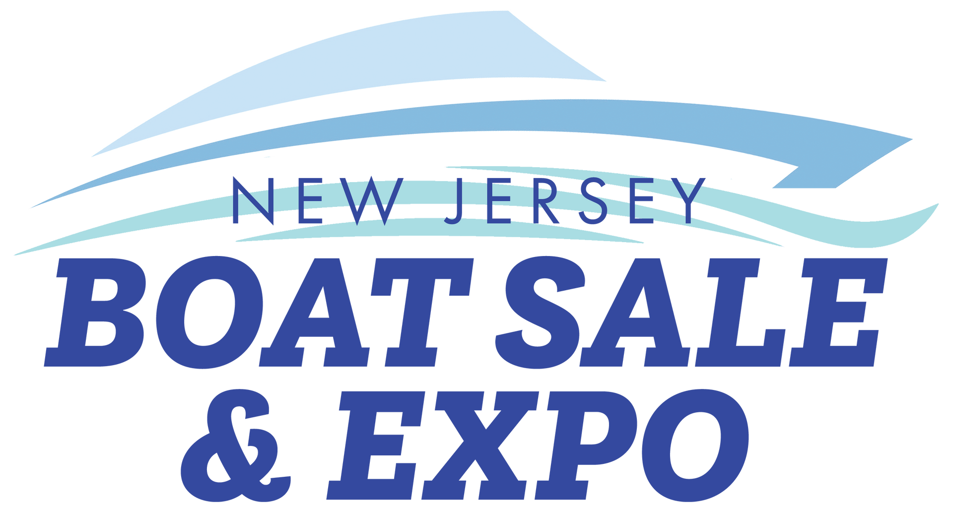 New Jersey Boat Sale & Expo logo: blue text and stylized boat illustration.