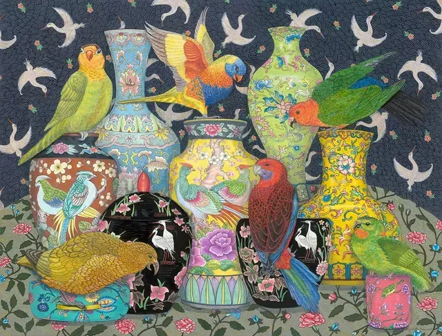 Colorful collage of parrots perched on ornate vases against a dark background
